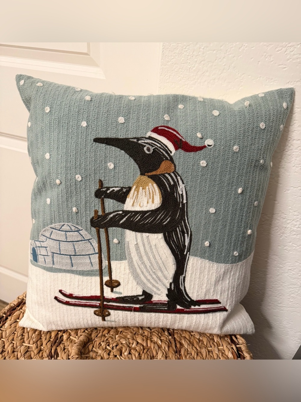 Skiing Penguin- Pottery Barn Crewel Embroidered Holiday Pillow